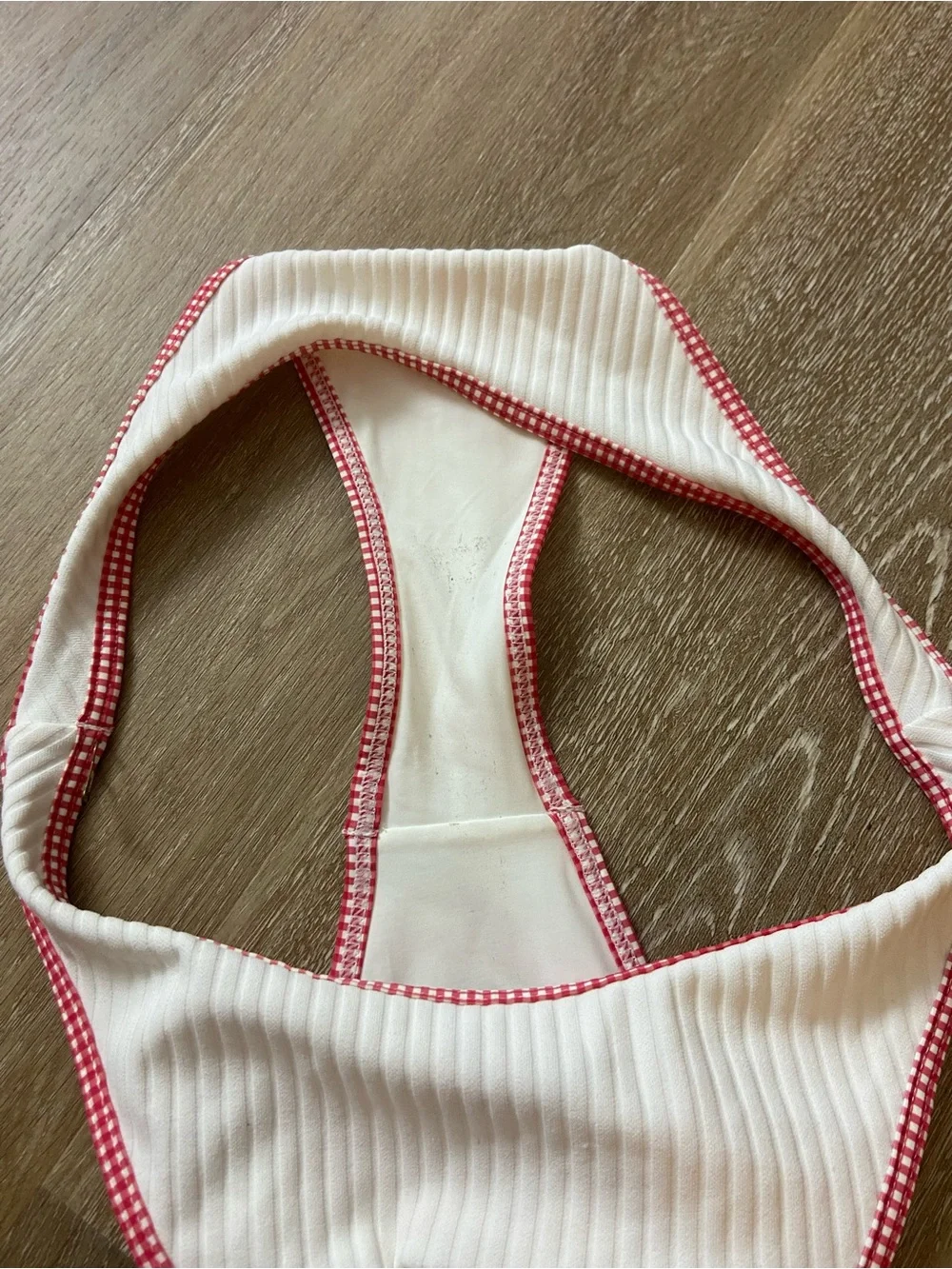 New! Frankies Bikinis Bella Dove Terry White Ribbed Red Gingham Bottoms 34097
